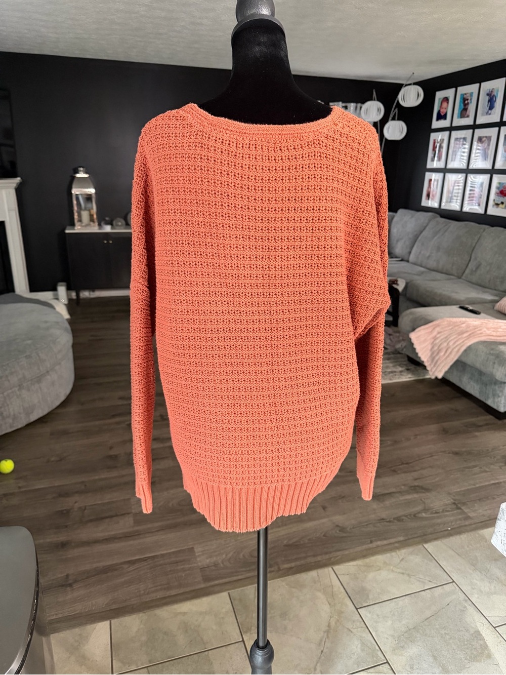 Rachel Zoe XL Coral Orange Open Knit V-Neck Oversized Pullover Sweater - Picture 4 of 5